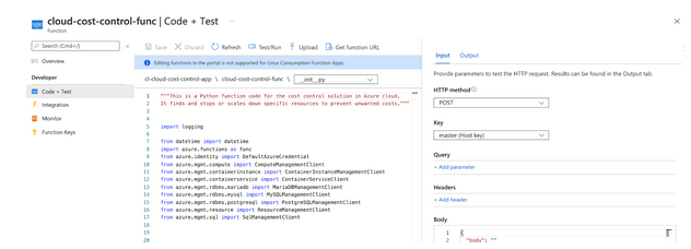 Function panel in Azure web GUI