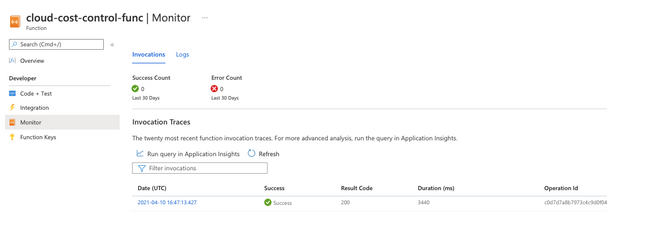 Function monitoring panel in Azure web GUI