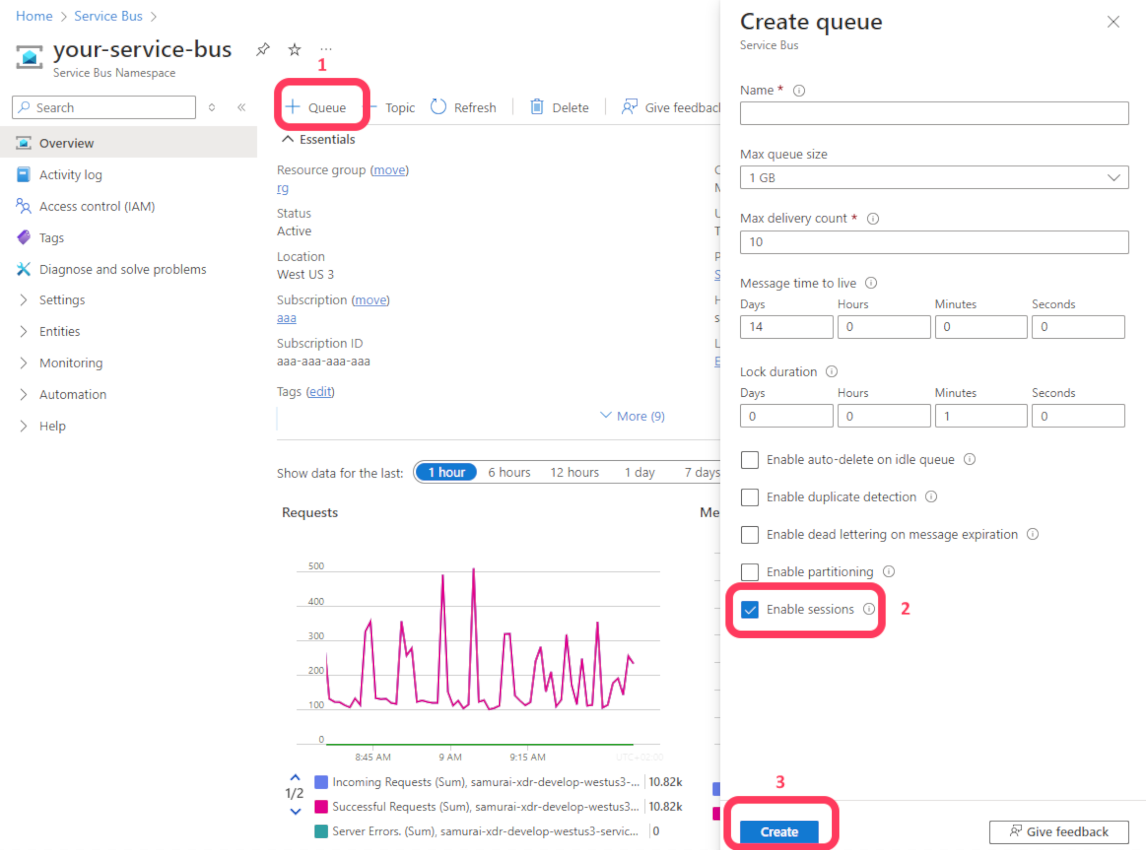 Creating the Service Bus Queue with sessions enabled via Azure Portal 