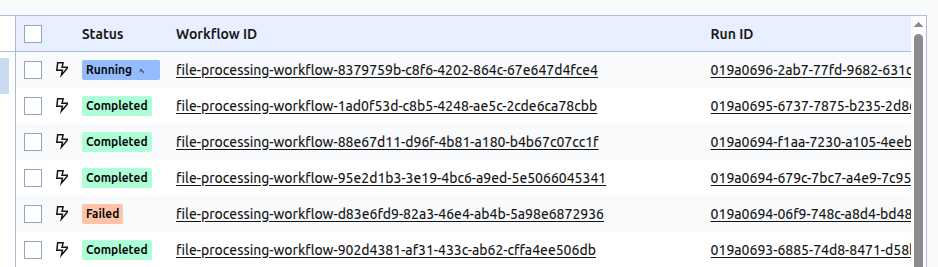 Temporal UI table view with a list of all started workflows