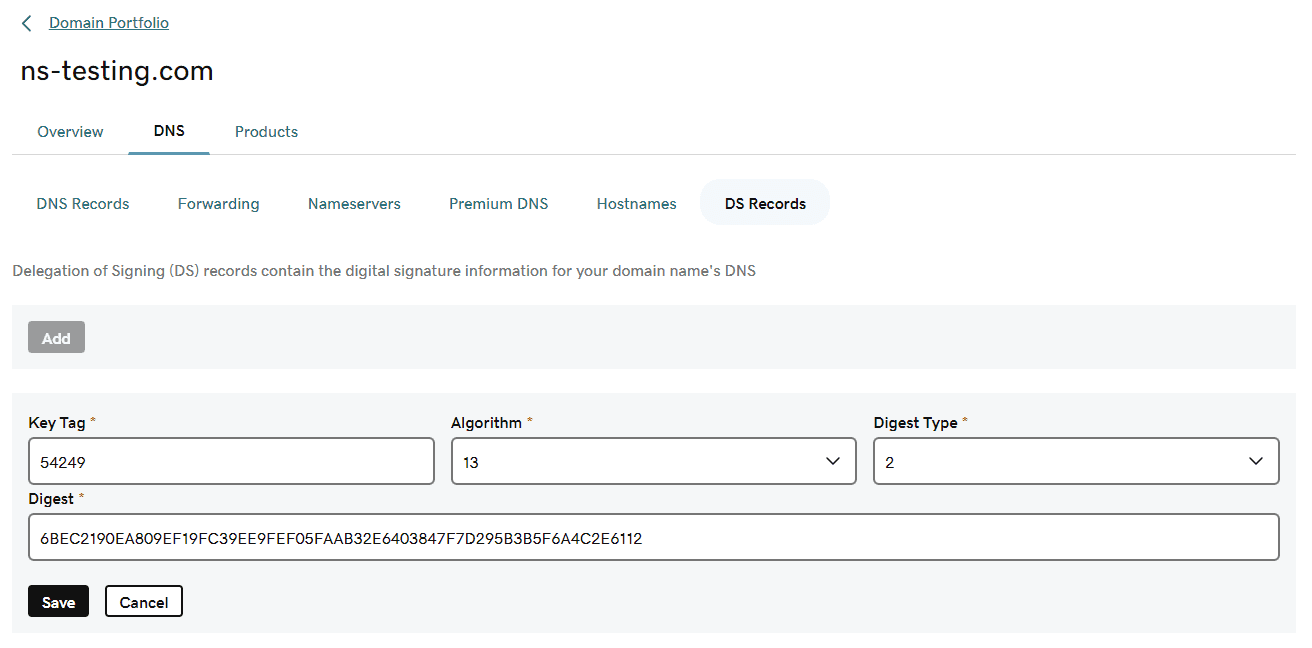 Figure 6: Creating DS records at the parent domain level.