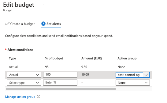 Budget edit page with options to set a threshold