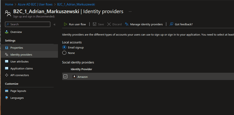 option to sign in via the chosen identity provider activated 