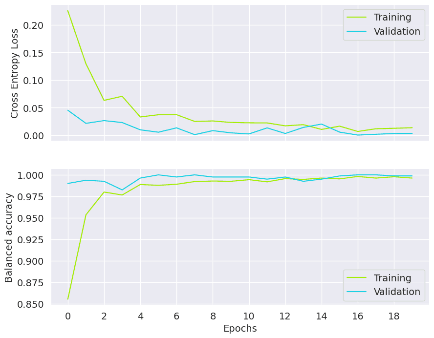 Cross entropy loss and balanced accuracy for training and validation data sets