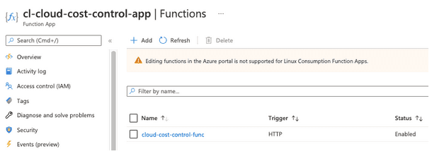 Function App panel in an Azure web GUI