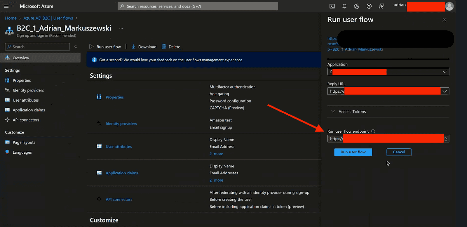 Run user flow endpoint