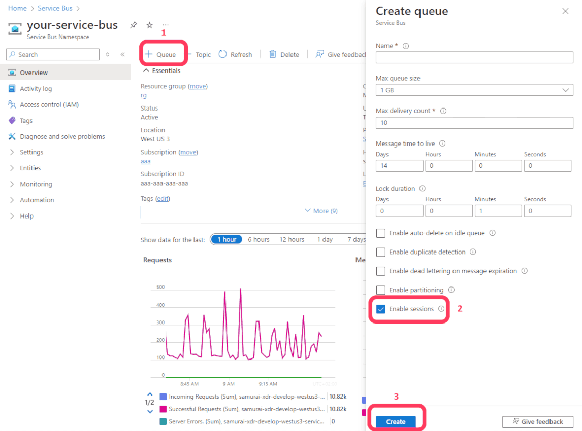 Creating the Service Bus Queue with sessions enabled via Azure Portal 