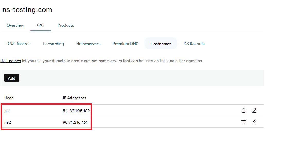 Figure 5: “Glue” records for the ns-testing.com domain.