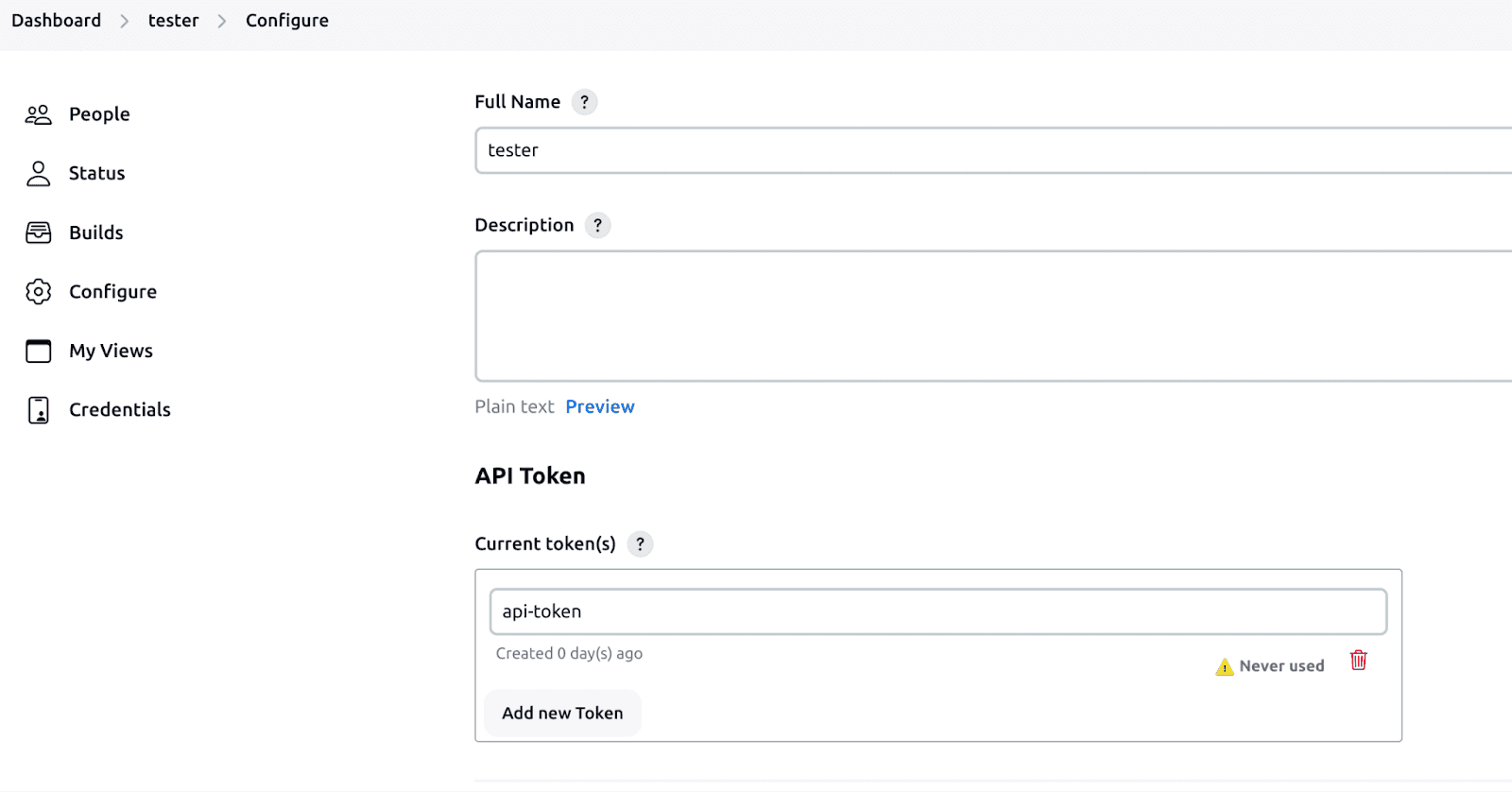 API token for tester